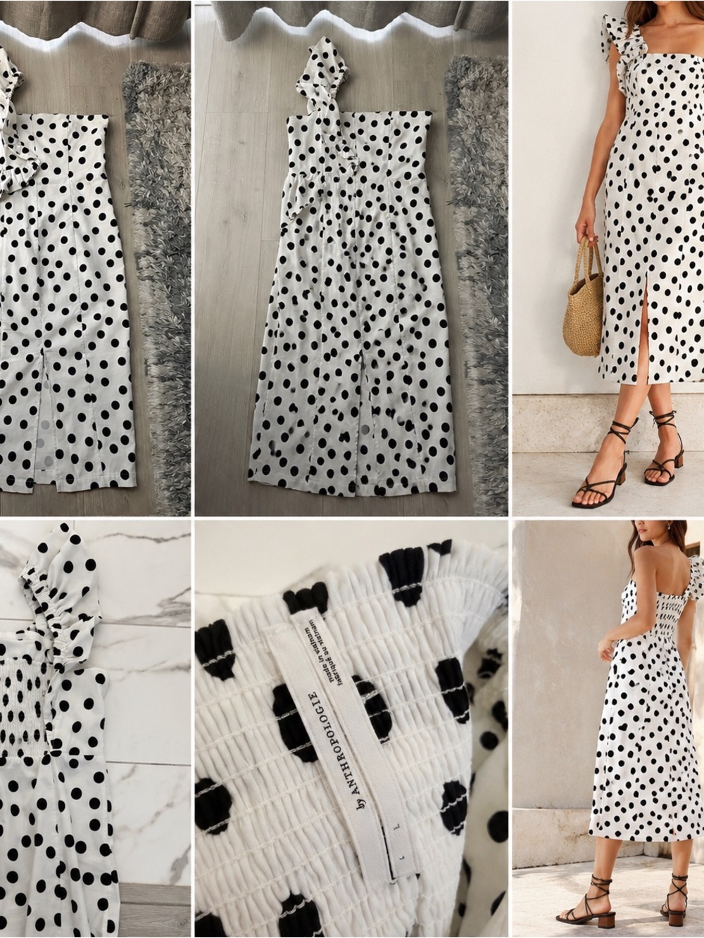 Anthropologie Black & White Polka Dot One-Shoulder Midi Dress